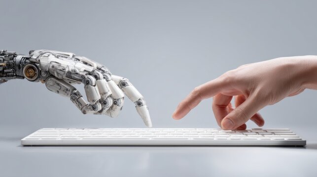 A robotic hand and a human hand reach for a keyboard