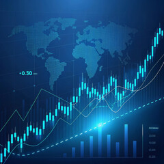 Fototapeta premium Global financial market growth with upward trend candlestick chart and world map