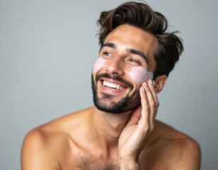 Happy man applies pink face mask and under-eye patches. Male model enjoys skincare routine, beard trim, and facial treatment for clear skin. Confidence, health, and grooming emphasized.