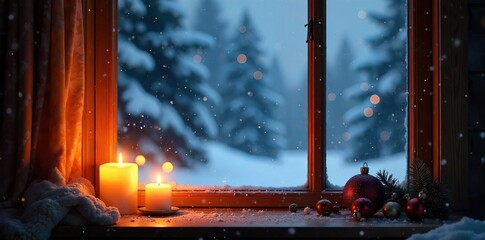 Cozy Winter Cottage Scene Candlelight Illuminates Snowy Landscape, Creating a Warm and Peaceful Atmosphere, Perfect for Holiday and Hygge Themes