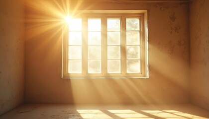 Golden sun rays stream through dusty window panes illuminating empty room interior. Light shafts highlight airborne dust particles, creating atmospheric mood. Perfect for themes of solitude,