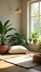 Serene Meditation Room Soft Light, Comfortable Cushion, Peaceful Plants, Ideal for Mindfulness, Yoga, and Relaxation