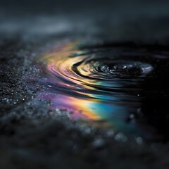 Fototapeta premium Swirling oil slick on water surface creates a mesmerizing rainbow sheen