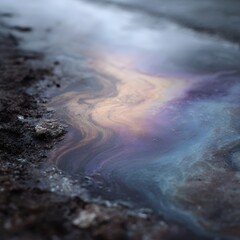 Fototapeta premium Colorful oil slick swirling on water surface in roadside drain
