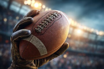 Holding an american football with gloved hand in stadium during game for sports and recreation theme