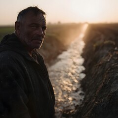 Farmer standing beside polluted irrigation ditch in rural farmland