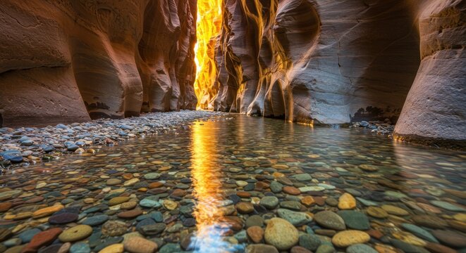 Illuminated waterway reflecting sunlight through the grand canyon natural beauty