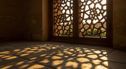 Intricate window lattice casting ethereal shadows on an ancient stone floor creates a mesmerizing