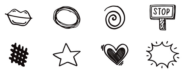 Hand drawn marker pen comic book style doodle boxes, circles, scribbles and arrows vector illustration