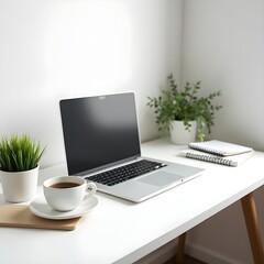 Fototapeta premium A modern office desk setup with a laptop, coffee cup, notebook, potted plant, and minimal decor, on a white desk with soft daylight, realistic photography style, sharp focus, clean workspace