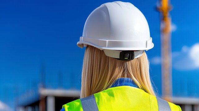 Female engineer at a road construction site white hard hat and safety vest supervising workers motorway construction progress blue sky rear view. A woman construction professional oversees