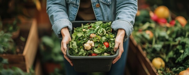 People recycling food waste: Disposing of food scraps into a compost bin for environmental sustainability, Generative AI