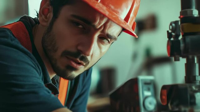 Focused Worker Stares at Equipment Seriously