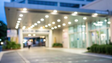 Blurred entrance of a modern building with lights and greenery in the surroundings.