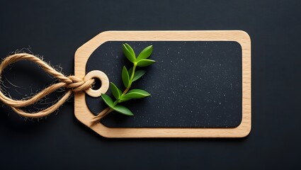 Blank black tag with wooden frame and green plant for price product label mockup design