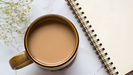 Coffee cup with notebook and flowers aesthetic flat lay for blog and social media content