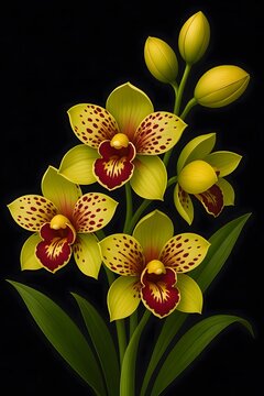 Vibrant Dendrobium Orchid with Purple, Green and Yellow Petals &ndash; AI Botanical Artwork