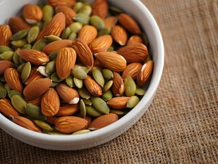 Healthy snack mix almonds and pumpkin seeds in bowl for diet and nutrition closeup view