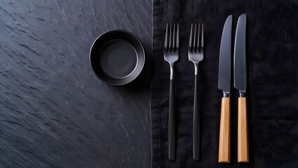 Minimalist tableware flat lay: black bowl, forks, and knives on dark textured background