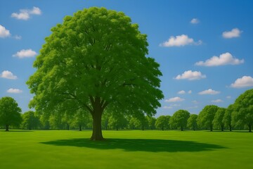 Fototapeta premium Lush foliage and towering trees in a serene park setting with vibrant summer hues and clear blue sky