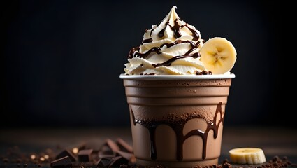Delicious chocolate banana smoothie with whipped cream and chocolate drizzle dessert food