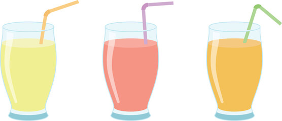 Flat Vector Illustration of Fresh Fruit Juice Glass Set with Straws for Summer Beverage and Healthy Drink Design