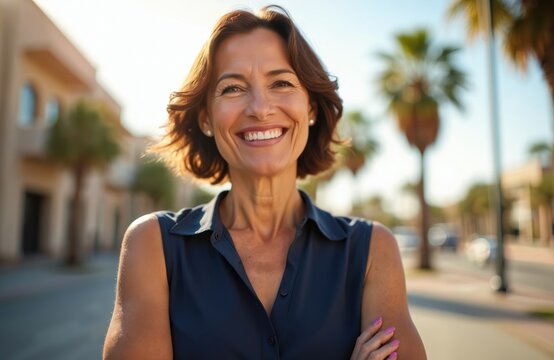 Middle-aged Hispanic woman with brunette hair smiles confidently on sunny outdoor day. Casual brown top complements cheerful expression, relaxed posture. Portrait captures moment of pure joy,