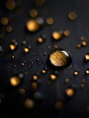 Abstract water drops on black surface background macro photography close up golden light