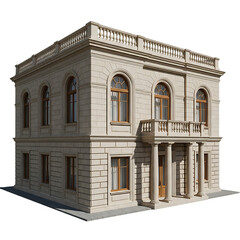 Obraz premium Elegant Two Story Building with Balcony and Arched Windows in a Classical Architectural Style on a Black Background