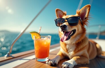 Happy dog wearing sunglasses enjoys refreshing cocktail drink on yacht deck. Sunny summer day at sea, clear blue sky, ocean background. Pet on vacation, boating adventure, purebred puppy.