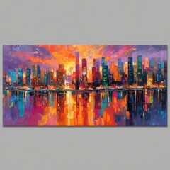 A vibrant cityscape painting reflects in the water at sunset