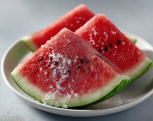 .Watermelon slices on a white plate, top view, isolated background, close up