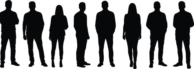 Silhouette of standing men and women, group of people, business casual pose, isolated black vector figures for modern design