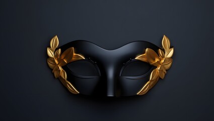 Elegant black masquerade mask with gold leaf accents for party costume and halloween event