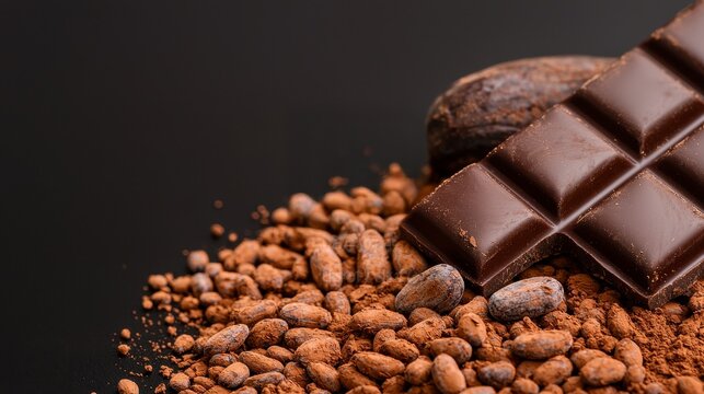 Cacao beans resting beside cocoa dusted chocolate squares illustrating the rich earthy origins of premium chocolate. Unrefined cacao nibs juxtaposed with dark chocolate squares reveal