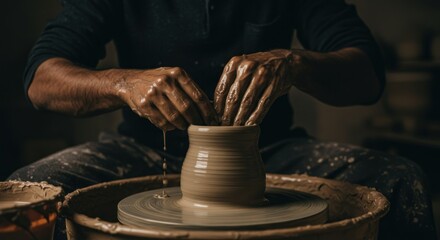 Skilled hands shaping wet clay on spinning pottery wheel creating ceramic art