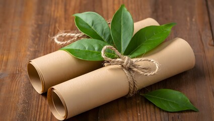 Eco friendly scroll mockup with green leaves on wooden background for sustainable design