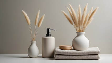 Minimalist bathroom decor ideas: towels, soap dispenser, vases, pampas grass, spa concept
