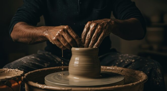 Skilled hands shaping wet clay on spinning pottery wheel creating ceramic art - Powered by Adobe