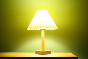 Glowing lamp on wooden table in dark room