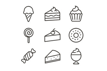 Variety of desserts featuring ice cream, cake, cupcakes, and candy arranged in a grid pattern for a festive display