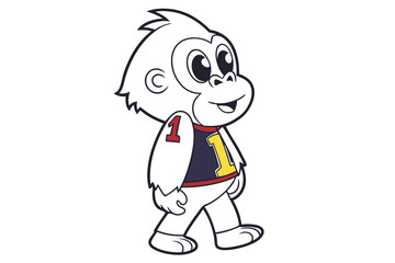 Smiling ape cartoon character walks in yellow overalls near grass on a white background