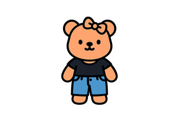 Fototapeta premium Cute cartoon bear character wearing a black shirt and blue jeans stands with a friendly expression in a simple style