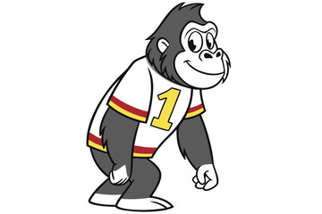 Smiling gorilla strides confidently wearing a jersey, short pants, and sneakers in a vector