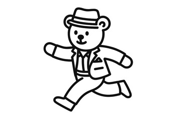 Running bear character in a suit with a hat showcasing fun and playful energy
