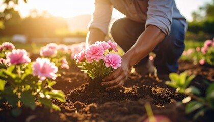 Planting Pink Flowers in a Garden at Sunset