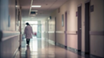 Fototapeta premium Blurred hospital corridor with a healthcare professional walking away.