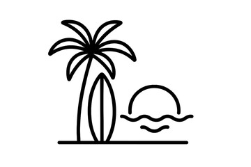 Palm tree and surfboard near sunset on a beach with gentle waves