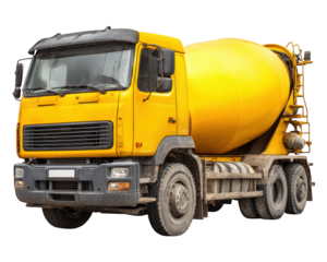 Yellow concrete mixer truck vehicle isolated on transparency background, construction equipment with large rotating drum, industrial transport for building site, heavy duty, urban development