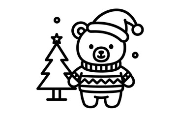 Cute bear wearing a sweater and hat stands next to a decorated Christmas tree in a festive winter setting